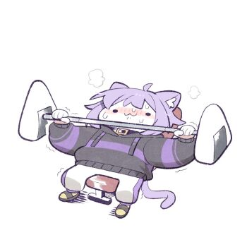 1girl :3 ahoge animal_ear_fluff animal_ears barbell bench_press black_hoodie blush breath cat_ears cat_girl cat_tail cocomayo29_(tomato) collar commentary exercising food hololive hood hoodie long_sleeves lying nekomata_okayu nekomata_okayu_(1st_costume) on_back onigiri pants purple_hair purple_tail shadow shoes short_hair solo sweat sweatpants tail virtual_youtuber weight_bench weightlifting weights white_pants yellow_shoes