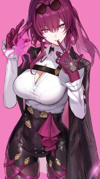 1girl black_jacket breasts chest_harness cleavage collared_shirt eyewear_on_head gloves harness high-waist_shorts highres honkai:_star_rail honkai_(series) jacket jacket_on_shoulders kafka_(honkai:_star_rail) large_breasts long_hair long_sleeves looking_at_viewer pantyhose pantyhose_under_shorts purple_eyes purple_gloves purple_hair purple_pantyhose round_eyewear saint_laurent_paris shirt shorts solo spider_web_print sunglasses white_shirt