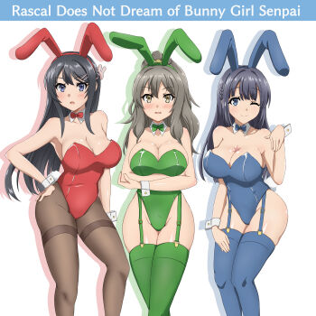 3girls animal_ears armpits arms_under_breasts blue_bow blue_bowtie blue_eyes blue_leotard blue_thighhighs blush bow bowtie breasts brown_eyes brown_pantyhose cleavage closed_mouth commentary_request commission copyright_name crossed_arms fake_animal_ears futaba_rio garter_belt green_bow green_bowtie green_leotard green_thighhighs groin hand_on_own_hip highres large_breasts leotard long_hair looking_at_viewer makinohara_shouko multiple_girls nazunazu one_eye_closed open_mouth pantyhose pixiv_commission playboy_bunny rabbit_ears red_bow red_bowtie red_leotard sakurajima_mai seishun_buta_yarou smile thighhighs white_wrist_cuffs wrist_cuffs