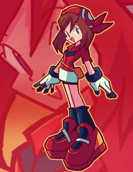 1girl bandana bike_shorts bike_shorts_under_shorts black_socks blue_eyes brown_hair butterhat character_background commentary english_commentary fanny_pack gloves gradient_background halftone halftone_background highres may_(pokemon) medium_hair nintendo open_mouth parody pokemon pokemon_rse red_background red_bandana red_shirt red_shoes shirt shoes shorts shorts_under_shorts simple_background skirt smile socks solo standing style_parody white_gloves white_shirt white_skirt