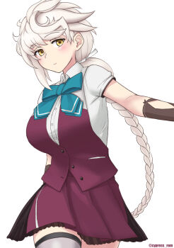 1girl asymmetrical_hair blouse blue_bow blue_bowtie bow bowtie braid breasts brown_eyes cosplay cypress_(hinokidou) grey_thighhighs highres kantai_collection large_breasts long_hair purple_skirt purple_vest school_uniform shirt short_sleeves single_braid skirt smile solo thighhighs unryuu_(kancolle) very_long_hair vest white_hair white_shirt yellow_eyes yuugumo_(kancolle) yuugumo_(kancolle)_(cosplay)