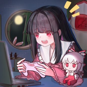 1girl 2091966 animal_ears bamboo bamboo_forest brown_hair character_doll chinese_commentary collared_shirt commentary_request computer controller doll forest frilled_shirt_collar frilled_sleeves frills fujiwara_no_mokou fumo_(doll) game_controller highres holding holding_controller holding_game_controller houraisan_kaguya laptop long_sleeves nature open_mouth pink_shirt playing_games playing_video_games rabbit_ears red_eyes shirt smile teeth touhou upper_teeth_only wide_sleeves
