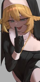 1girl absurdres alternate_costume blonde_hair dokibird fang feather_hair gloves green_eyes h000000mpa highres indie_virtual_youtuber jewelry navel necklace nun nun_headdress open_mouth skin_fang thighhighs thighs virtual_youtuber