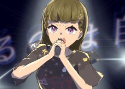 Rule 34 | 1girl, blunt bangs, blurry, blurry background, braid, brown hair, center-flap bangs, commentary request, emphasis lines, hayama fuka, highres, holding, holding microphone, kachimachi kosuzu, link! like! love live!, long hair, looking at viewer, love live!, lyrics, microphone, misoshiru. (hss llnl), open mouth, print shirt, purple eyes, shirt, short sleeves, side braids, solo, sparkly spot (love live!), straight hair, teeth, two-handed, upper body, upper teeth only, v-shaped eyebrows, voice actor connection