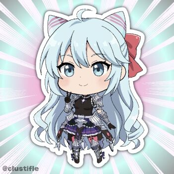 1boy androgynous armor armored_boots armored_skirt black_gloves black_pantyhose black_shirt blue_eyes blue_hair boots bow chibi chibi_only cleavage_cutout clothing_cutout clustifle commentary cone_hair_bun crossdressing crossdressing_(mtf) drill_hair english_commentary fire_emblem fire_emblem_engage gloves hair_between_eyes hair_bow hair_bun hair_horns large_bow long_hair looking_at_viewer miniskirt nintendo pantyhose pauldrons pink_hair pink_thighhighs pleated_skirt purple_skirt red_bow rosado_(fire_emblem) shirt short_sleeves shoulder_armor skirt solo thighhighs trap v very_long_hair