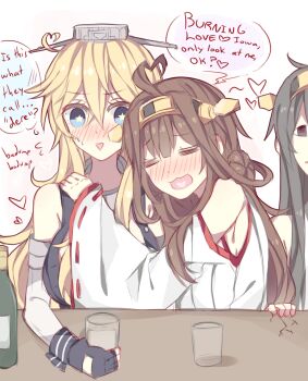 Rule 34 | <o> <o>, 10s, 3girls, = =, ahoge, alcohol, arm warmers, bad anatomy, bad hands, bare shoulders, black gloves, black hair, blonde hair, brown hair, burning love (phrase), crack, drunk, empty eyes, english text, fingerless gloves, gloves, hair ornament, hairband, haruna (kancolle), heart, heart ahoge, heart in mouth, highres, hug, hug from behind, iowa (kancolle), kantai collection, kongou (kancolle), kvlen, multiple girls, nontraditional miko, open mouth, smile, star-shaped pupils, star (symbol), symbol-shaped pupils, table, triangle mouth, when you see it, yandere, yuri
