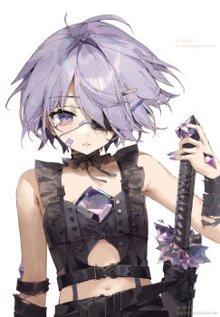 1girl absurdres armpit_crease bandaid bandaid_on_cheek bandaid_on_face belt black_shirt chest_jewel choker closed_mouth commentary dayshiart earclip english_commentary eyepatch frilled_shirt frills gem hair_ornament hairclip hand_on_hilt highres holding hololive hololive_english katana koseki_bijou koseki_bijou_(casual) light_frown looking_at_viewer navel official_alternate_costume official_alternate_hairstyle purple_eyes purple_gemstone purple_hair purple_nails shirt short_hair simple_background solo stomach sword upper_body virtual_youtuber weapon white_background