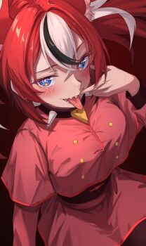 1girl animal_ear_fluff animal_ears asymmetrical_hair black_hair blue_eyes blush buttons capelet cheese choker commentary cosplay daidaidaidaidaikirai finger_in_another&#039;s_mouth food hakos_baelz highres hololive hololive_english ilie_ilie jacket kasane_teto kasane_teto_(cosplay) mouse_ears multicolored_hair red_background red_hair red_jacket red_skirt sharp_teeth skirt smile spiked_choker spikes teeth tongue tongue_out white_hair