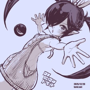 1girl ;o armpits back backbeako_(torotei) backbeard blue_background blue_theme blush bow bra breasts commentary dated dated_commentary dutch_angle from_behind gegege_no_kitarou hair_bow hair_over_one_eye kono_lolicon_domome loli long_hair looking_at_viewer looking_back micro_bra monochrome one_eye_closed open_mouth original outstretched_arms outstretched_hand paid_reward_available pointy_ears simple_background small_breasts solo thong torotei translated twintails underwear variant_set very_long_hair virgin_killer_sweater watermark web_address