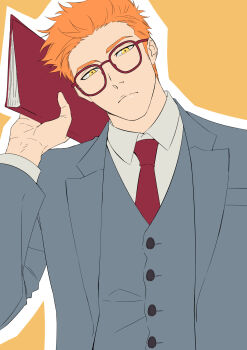 Rule 34 | 1boy, bleach, bleach: epilogue, clip studio paint (medium), closed mouth, collared jacket, collared shirt, commentary, expressionless, glasses, highres, holding binder, jacket, kurosaki ichigo, looking at viewer, male focus, necktie, orange background, orange hair, outline, red necktie, shirt, solo, vest, white outline, white shirt, yellow eyes, yshjsw
