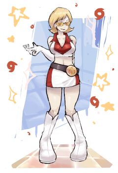 1girl bare_shoulders belt black_belt blonde_hair boots breasts cleavage collarbone collared_shirt commission crop_top elbow_gloves gloves go-rock_squad go-rock_squad_grunt_(pokemon) highres midriff mixed-language_commentary nintendo open_mouth pixiv_commission pokemon pokemon_ranger_(series) pokemon_ranger_1 ragou2niko shirt short_hair skirt sleeveless sleeveless_shirt smile solo standing star_(symbol) tinted_eyewear variant_set white_boots white_gloves white_shirt white_skirt yellow-tinted_eyewear