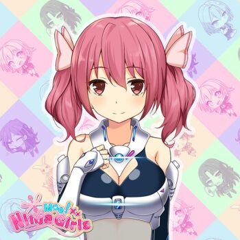 1girl bare_shoulders breasts cleavage closed_mouth clothing_request commentary copyright_logo copyright_name english_commentary gloves large_breasts logo looking_at_viewer moe!_ninja_girls momochi_myu official_art pink_eyes pink_hair second-party_source short_twintails smile solo split_mouth straight-on twintails