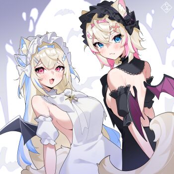 2girls :3 :d absurdres alternate_costume animal_ears back backless_dress backless_outfit bandaid bandaid_hair_ornament blonde_hair blue_hair blue_hairband blush bow bowtie breasts closed_mouth commentary crossed_bangs demon_wings detached_sleeves dog_ears dog_girl dog_tail double-parted_bangs dress dutch_angle fake_horns fuwawa_abyssgard hair_between_eyes hair_ornament hairband hairclip hayate_fish highres hololive hololive_english horn_hairband horns large_breasts long_hair looking_at_viewer mococo_abyssgard multicolored_hair multiple_girls open_mouth parallel_hairclips pink_eyes pink_hair pink_hairband puffy_detached_sleeves puffy_short_sleeves puffy_sleeves short_hair short_sleeves siblings sideboob sideless_dress sisters sleeveless sleeveless_dress small_breasts smile streaked_hair symbol-only_commentary tail twintails two_side_up virtual_youtuber white_bow white_bowtie white_dress wings x_hair_ornament
