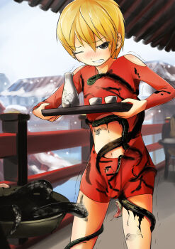 1boy 1other bar_censor bdsm bestiality black_eyes blonde_hair blush bowl censored choko_(cup) clenched_teeth clothing_cutout cold covered_penis covered_testicles cowboy_shot cup fai_chun fangs furrowed_brow hair_between_eyes hakuyagen_(yoronbi) holding holding_bowl holding_plate ink ink_on_body ink_on_clothes long_sleeves male_focus navel one_eye_closed orgasm_denial original out_of_frame outdoors penis_out plate railing red_bodystocking saliva short_hair shota shoulder_cutout sky snake snow snow_on_roof snowing solo standing stomach_cutout tearing_up teeth temperature_play tokkuri trembling urethral_insertion waitress white_sky