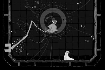 1boy cable containment_unit dress five_pebbles floating greyscale headphones highres iterator_(rain_world) long_sleeves maskv monochrome rain_world shoes sigil slugcat