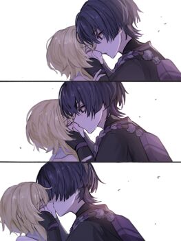 1boy 1girl armor black_bodysuit black_border black_eyes black_hair black_kimono blonde_hair blunt_ends bodysuit border closed_eyes closed_mouth couple eyelashes face-to-face facing_another genshin_impact guided_kiss hair_over_eyes hand_on_another's_wrist hands_on_own_face hetero highres japanese_armor japanese_clothes juban kimono kiss kote kurokote leaning_back leaning_forward looking_at_another lumine_(genshin_impact) open_mouth pom_pom_(clothes) purple_bag purple_rope red_kimono rope scaramouche_(genshin_impact) scarf sequential shimenawa short_hair short_hair_with_long_locks sidelocks simple_background talking_ok white_background white_kimono white_rope white_scarf