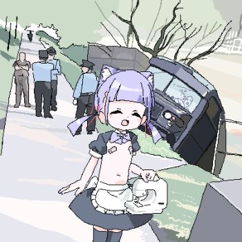 1girl 5boys animal_ears bandaid bandaids_on_nipples black_skirt black_thighhighs bow bowtie bus cat_ears closed_eyes extra_ears fanged_bangs flat_chest holding jaggy_lines lokulo-chan_(lokulo_no_mawashimono) lokulo_no_mawashimono loli lowres motor_vehicle multiple_boys navel oekaki open_mouth original outdoors pasties path police puffy_short_sleeves puffy_sleeves purple_bow purple_bowtie purple_hair road sewing_machine short_sleeves shrug_(clothing) skirt thighhighs twintails