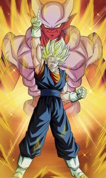 2boys aura blonde_hair blue_pants blue_sash blue_shirt boots buraku_black colored_sclera colored_skin dragon_ball dragonball_z earrings full_body gloves green_eyes highres janemba jewelry male_focus multiple_boys muscular muscular_male orange_shirt pants pointy_ears potara_earrings red_skin sash shirt spiked_hair super_saiyan super_saiyan_1 vegetto white_boots white_gloves yellow_sclera