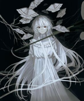 Rule 34 | 1girl, 1other, arms behind back, black background, branch, bug, chopsticks, closed mouth, commentary request, dress, flying, frilled dress, frills, hair between eyes, highres, hitoto 0058, holding, holding chopsticks, insect, long dress, long hair, looking at viewer, moth, original, out of frame, puffy short sleeves, puffy sleeves, red eyes, short sleeves, smile, solo focus, very long hair, white dress, white hair