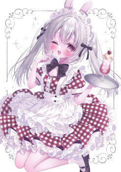 1girl ;d animal_ears apron artist_name black_bow black_bowtie black_ribbon black_shoes blush bow bowtie checkered_clothes checkered_dress commentary dress finger_to_mouth fingernails frilled_apron frilled_hairband frills grey_hair hair_between_eyes hair_ribbon hairband highres holding holding_tray long_hair looking_at_viewer maid_headdress nail_polish one_eye_closed open_mouth original pink_eyes puffy_short_sleeves puffy_sleeves puu_(kari---ume) rabbit_ears red_dress ribbon shoes short_sleeves smile socks solo symbol-only_commentary tray twintails waist_apron white_apron white_background white_hairband white_socks