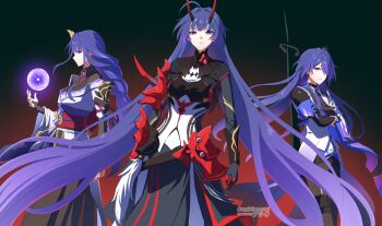 3girls absurdres acheron_(honkai:_star_rail) adapted_costume arm_armor armor asiri_senpai black_bridal_gauntlets black_dress black_gloves black_pants black_shirt black_skirt braid breasts bridal_gauntlets chain chain_around_arm closed_mouth coat commentary crossed_arms crossover dress elbow_gloves genshin_impact gloves gradient_background hair_over_one_eye hand_up hashtag-only_commentary highres honkai:_star_rail honkai_(series) honkai_impact_3rd horns in-franchise_crossover japanese_clothes kimono long_hair long_skirt looking_at_viewer low-braided_long_hair low-tied_long_hair medium_breasts mihoyo multiple_crossover multiple_girls name_connection orb pants purple_eyes purple_hair purple_kimono raiden_mei raiden_mei_(herrscher_of_thunder) raiden_shogun red_background red_eyes red_horns sawashiro_miyuki shirt shoulder_armor single_elbow_glove skirt twitter_username very_long_hair voice_actor_connection white_coat