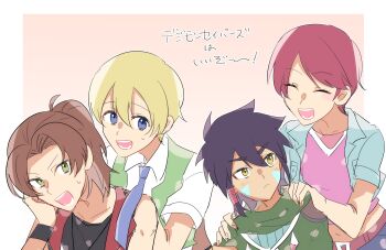 Rule 34 | 1girl, 3boys, absurdres, bare shoulders, black hair, black shirt, blonde hair, blue eyes, blue vest, brown hair, brown vest, closed eyes, daimon masaru (digimon savers), digimon, digimon savers, facial mark, fujieda yoshino, gotm tknr, green eyes, highres, looking at another, medium hair, multiple boys, noguchi ikuto, pink background, pink hair, shirt, short hair, simple background, sketch, touma h. norstein, upper body, vest