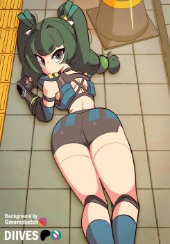 1girl android animated animated_gif ass ass_shake diives green_eyes green_hair highres looking_at_viewer looking_back police police_uniform qingyi_(zenless_zone_zero) twintails zenless_zone_zero