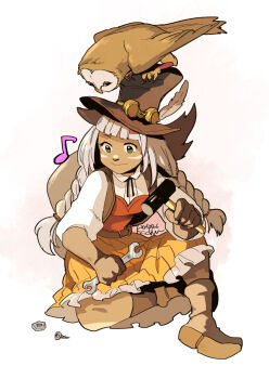 1girl animal animal_on_head belt bird bird_on_head bolt_(hardware) braid brown_hat closed_mouth commentary_request dark-skinned_female dark_skin full_body green_eyes hat holding holding_wrench kachidama long_hair low-tied_long_hair musical_note ochette_(octopath_traveler) octopath_traveler octopath_traveler_ii on_head owl screw simple_background sitting skirt smile solo twin_braids white_background wrench yellow_skirt