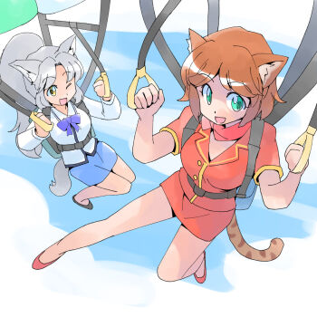 Rule 34 | 2girls, animal ears, bag, belt, bow, bowtie, brown hair, cat ears, cat tail, dog ears, dog tail, flight attendant, green eyes, grey hair, highres, long hair, masuki, multiple girls, one eye closed, open mouth, orange hair, original, parachute, pencil skirt, ponytail, skirt, smile, tail, tiger ears, travel attendant
