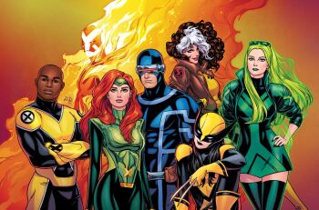 Rule 34 | 3boys, 4girls, bald, black dress, black hair, black lips, bodysuit, brown hair, brown jacket, claws, commentary, cowboy shot, cowl, cyclops (x-men), dark-skinned male, dark skin, dress, english commentary, fire, gradient background, green bodysuit, green dress, green eyes, green hair, jacket, jean grey, laura kinney, long hair, looking at viewer, lorna dane, marvel, marvel girl, mask, multicolored bodysuit, multicolored dress, multicolored hair, multiple boys, multiple girls, muscular, muscular male, official alternate costume, official art, orange background, polaris (x-men), red background, red hair, rogue (x-men), russell dauterman, sunfire (x-men), superhero costume, synch (x-men), thighhighs, white hair, wolverine (x-men), x-men, x-uniform, yellow bodysuit, zettai ryouiki