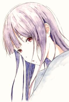 Rule 34 | 1girl, :o, absurdres, bbmasa, blunt bangs, commentary, hibike! euphonium, highres, liz to aoi tori, long hair, looking at viewer, portrait, red eyes, simple background, solo, traditional media, white background, yoroizuka mizore