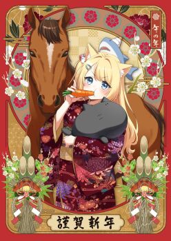 1girl 2026 animal animal_ears animal_on_head black_cat blonde_hair blue_eyes blush carrot cat cat_ears chinese_zodiac commentary_request dice_hair_ornament egasumi floral_print food hair_ornament highres holding holding_food japanese_clothes kadomatsu kagami_mochi kimono kuune_rin long_hair long_sleeves looking_at_viewer new_year obi on_head one_side_up original print_kimono red_kimono sash shark solo v-shaped_eyebrows very_long_hair wide_sleeves year_of_the_horse