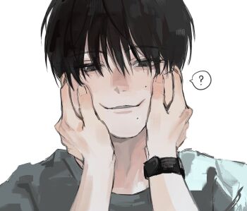 2boys ? api_(ppi_52) black_hair cheek_pull closed_mouth grey_eyes grey_shirt hashtag-only_commentary highres hikaru_ga_shinda_natsu indou_hikaru looking_at_viewer male_focus mole mole_on_cheek mole_under_mouth multiple_boys multiple_moles shirt short_hair simple_background solo_focus spoken_question_mark tsujinaka_yoshiki watch white_background wristwatch yaoi