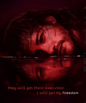 Rule 34 | 1boy, aegyo sal, beard, black eyes, brown hair, english text, exhausted, facial hair, iron lung (movie), lying, male focus, on ground, on side, portrait, red theme, reflection, ripples, short hair, simon (iron lung), sokodraws, solo