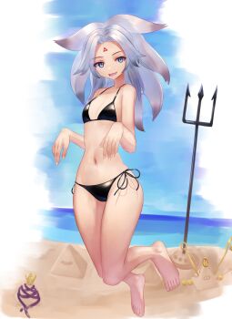 1girl absurdres barefoot bikini black_bikini blue_eyes breasts cleavage commentary facial_mark full_body grey_hair highres houjuu_chimi looking_at_viewer medium_hair mikotouca navel open_mouth pyramid_(structure) sand_sculpture side-tie_bikini_bottom small_breasts solo swimsuit touhou variant_set