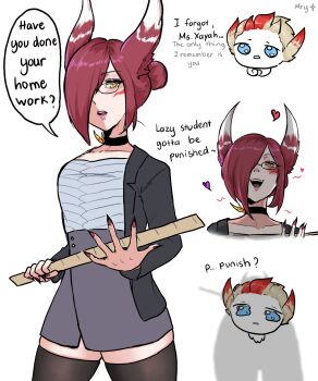 1boy 1girl :d absurdres animal_ears bird_ears black_jacket black_thighhighs blush english_text fingernails glasses grey_shirt heart highres jacket league_of_legends marydjiang open_mouth rakan_(league_of_legends) red_hair red_nails sharp_fingernails shirt short_hair smile speech_bubble teacher teeth thighhighs xayah yellow_eyes