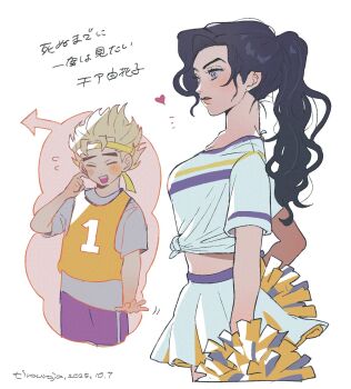 1boy 1girl black_hair blonde_hair cheerleader closed_mouth commentary_request diamond_wa_kudakenai embarrassed eyelashes highres hirose_koichi holding holding_pom_poms jersey jojo_no_kimyou_na_bouken looking_ahead midriff open_mouth pom_pom_(cheerleading) pom_poms ponytail shirt simple_background skirt tied_shirt tirauraja translation_request white_background white_skirt yamagishi_yukako