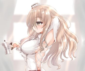 1girl :3 blush breasts brown_eyes coffee_pot commentary_request female_focus hair_between_eyes hat kantai_collection kasashi_(kasasi008) large_breasts light_brown_hair long_hair long_sleeves mini_hat pola_(kancolle) profile shirt sideboob smile solo thick_eyebrows tilted_headwear upper_body wavy_hair white_hat white_shirt