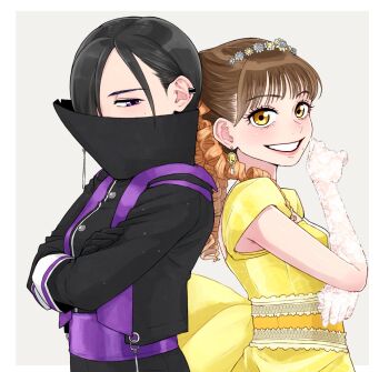 Rule 34 | 2girls, black jacket, black pants, breasts, brown hair, commentary request, crossed arms, dress, gloves, hair over one eye, high collar, highres, himeno ran, jacket, lace, lace gloves, multiple girls, ohsama sentai king-ohger, pants, purple eyes, rita kanisuka, simple background, super sentai, tsubasa (godbardtsubasa), white background, white gloves, yellow dress, yellow eyes