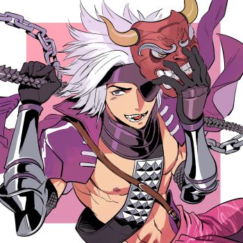 1boy :d black_gloves chousokabe_motochika_(sengoku_basara) commentary_request eyepatch fangs gloves highres hokke_to_hockey holding holding_mask jacket jacket_on_shoulders male_focus mask navel nipples no_shirt open_mouth purple_eyes purple_jacket sengoku_basara short_hair smile solo spiked_hair toned toned_male white_hair