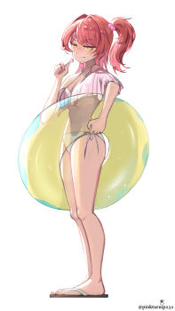 1girl absurdres alternate_costume artist_name bare_legs bikini blush braid candy cheeta_(girls&#039;_frontline_2) closed_mouth commentary english_commentary food full_body girls&#039;_frontline girls&#039;_frontline_2:_exilium highres holding holding_candy holding_food holding_lollipop holding_swim_ring innertube lollipop looking_at_viewer mp7_(girls&#039;_frontline) nose_blush one_side_up pink_hair pinkturnip232 sandals side-tie_bikini_bottom single_braid solo spaghetti_strap sweatdrop swim_ring swimsuit turning_head twitter_username white_background white_bikini yellow_eyes