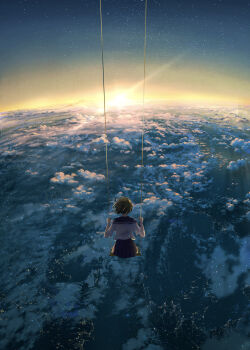 1girl absurdres apuchi_tochi black_hair black_sailor_collar black_skirt blue_sky cloud commentary_request dusk earth_(planet) fantasy from_behind highres on_swing original planet sailor_collar scenery school_uniform shirt short_hair short_sleeves sitting skirt sky solo space star_(sky) star_(symbol) sunset swing twilight white_shirt