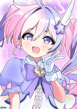 1girl :d absurdres ahoge aurelia88 blue_archive blue_dress blue_hair blush bow commentary dress drill_hair earrings english_commentary eyelashes gloves hair_between_eyes hair_intakes hair_ornament halo hand_up happy highres jewelry long_hair magical_girl multicolored_hair official_alternate_costume official_alternate_hairstyle open_mouth outline pink_background pink_bow pink_hair pink_halo puffy_short_sleeves puffy_sleeves purple_eyes reisa_(blue_archive) reisa_(magical)_(blue_archive) short_eyebrows short_sleeves signature simple_background sleeve_bow smile solo sparkle star_(symbol) star_earrings star_hair_ornament star_halo streaked_hair tareme twin_drills twintails two-tone_hair upper_body v very_long_hair white_gloves white_outline wing_hair_ornament