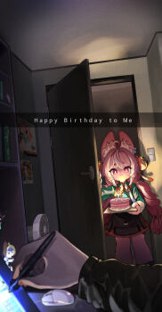1girl 1other absurdres ahoge animal_ear_fluff animal_ear_piercing animal_ears artist_self-insert artist_self-reference birthday_cake blurry blurry_foreground braid braided_twintails cake candle closed_mouth commentary computer_mouse doll door doorway electric_fan english_commentary food furry furry_female green_shirt happy_birthday highres holding holding_stylus indoors knbd long_hair looking_at_viewer pink_fur pink_hair poster_(object) pov pov_hands rabbit_ears rabbit_girl red_eyes screw shirt short_eyebrows stylus thick_eyebrows zenless_zone_zero zhao_(zenless_zone_zero)