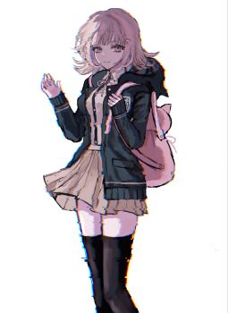 1girl animal_bag breasts brown_hair cat_bag collared_shirt commentary_request danganronpa_(series) danganronpa_2:_goodbye_despair feet_out_of_frame flipped_hair hair_ornament highres hood jacket long_sleeves looking_at_viewer medium_hair nanami_chiaki neck_ribbon open_clothes open_jacket pink_bag pink_eyes pink_ribbon pleated_skirt ribbon rom9461 shirt skirt solo thighhighs white_shirt