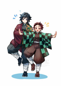 2boys ? black_hair black_jacket black_socks blue_eyes bright_pupils brown_hair buttons checkered_haori demon_slayer_uniform earrings empty_eyes full_body gold_buttons hanafuda_earrings haori high_collar highres jacket japanese_clothes jewelry kamado_tanjirou kikkoumon kimetsu_no_yaiba long_hair low_ponytail male_focus multiple_boys open_mouth outstretched_arms ponytail print_haori red_eyes red_haori sandals shadow simple_background smile socks spiked_hair standing standing_on_one_leg tobidayooon tomioka_giyuu white_background white_pupils