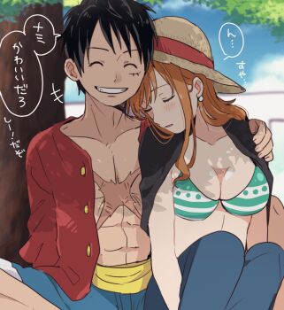 +++ 1boy 1girl abs bikini bikini_top_only black_hair blanket blue_pants blue_shorts blue_sky blurry blurry_background blush breasts chatubo cleavage closed_eyes cloud cloudy_sky collarbone commentary_request cross_scar denim earrings facial_scar feet_out_of_frame green_bikini grin hair_behind_ear hand_on_another&#039;s_shoulder hat head_on_another&#039;s_shoulder highres jeans jewelry knees_up large_breasts leaning_on_person long_hair monkey_d._luffy nami_(one_piece) one_piece open_clothes open_shirt orange_hair outdoors pants parted_lips pearl_earrings red_shirt sash scar scar_on_cheek scar_on_chest scar_on_face shirt shorts single_sidelock sitting sitting_between_lap sky sleeping smile speech_bubble straw_hat swimsuit translation_request wavy_hair yellow_sash