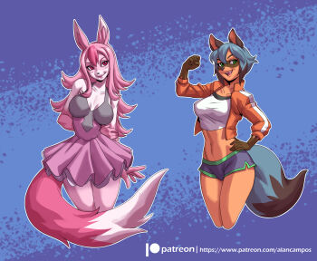 2girls alanscampos animal_ears bare_shoulders black_hair blue_hair bob_cut short_shorts brand_new_animal breasts cleavage colored_skin dark-skinned_female dark_skin fox_ears fox_girl fox_tail furry furry_female highres hiwatashi_nazuna kagemori_michiru long_hair multicolored_hair multiple_girls open_mouth pink_hair pink_skin raccoon_ears raccoon_girl raccoon_tail red_eyes shirt short_hair shorts skirt smile t-shirt tail tank_top trigger two-tone_hair white_shirt white_tank_top