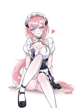 1girl absurdres black_shoes blue_eyes blush breasts cleavage closed_mouth commentary dress elysia_(honkai_impact) elysia_(miss_pink)_(honkai_impact) elysia_(miss_pink_elf)_(honkai_impact) gloves highres honkai_(series) honkai_impact_3rd knees_up large_breasts long_hair looking_at_viewer maid_headdress official_alternate_costume panties pink_hair shoes simple_background sitting smile solo ssamsa0404 underwear very_long_hair white_background white_dress white_gloves white_panties