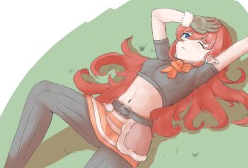 1girl belt black_pantyhose blue_eyes crop_top gloves grass green_gloves long_hair lying midriff on_back one_eye_closed pantyhose pointy_ears red_hair rune_factory rune_factory_3 ryko skirt toona